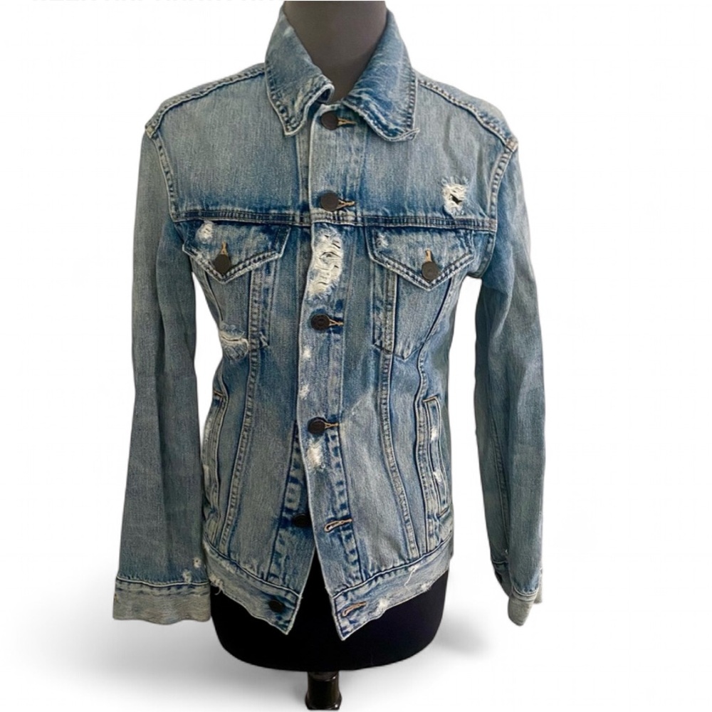 ABLE THE MERLY DISTRESSED DENIM FITTED JACKET BLUE SIZE XS